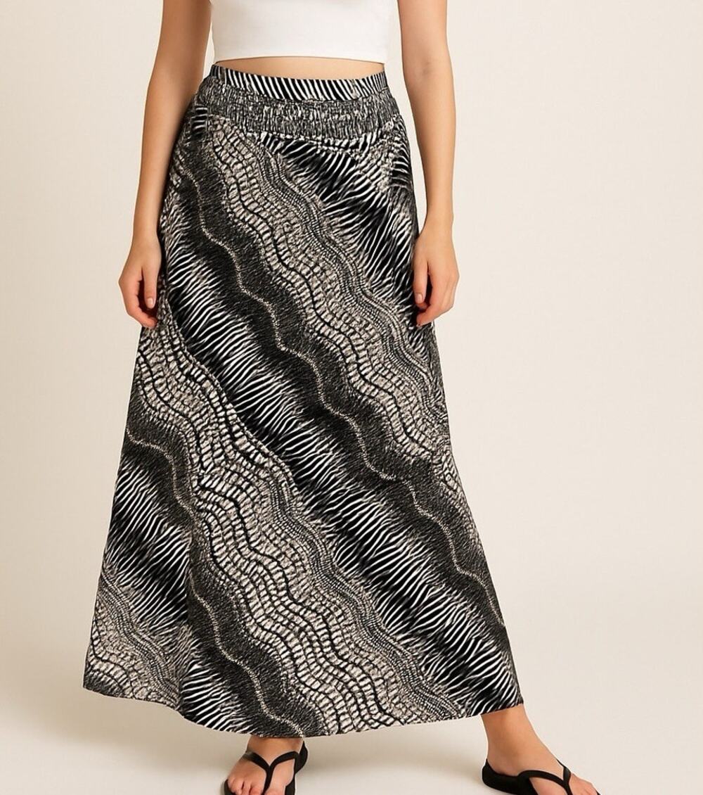 Hayley Matthews Maxi Skirt M Black White Print Made USA Boho Festival Cottage